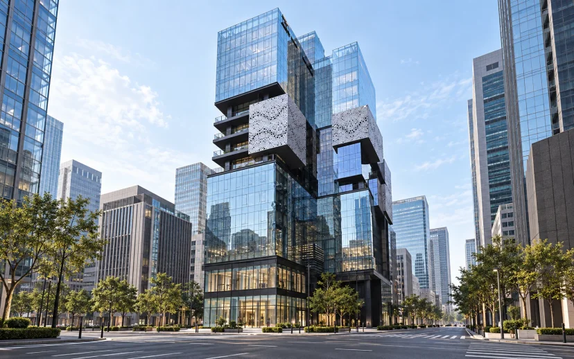 강남역 서쪽 BLOCK77의 엇갈려 쌓인 유리 상자를 참고한 전경 예시