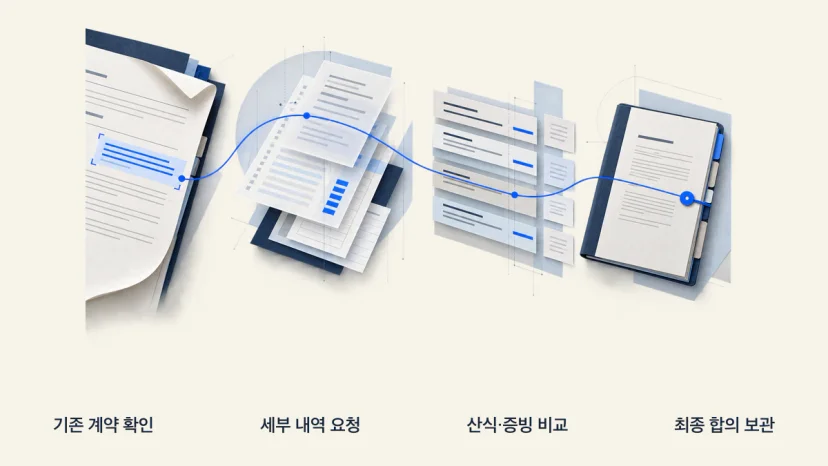 기존 계약 확인부터 관리비 내역 요청, 증빙 비교, 최종 합의 보관까지 네 단계가 문서 흐름으로 이어진 편집 인포그래픽