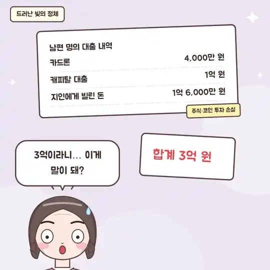 49화 4컷 - 남편 명의 대출 내역 합계 3억