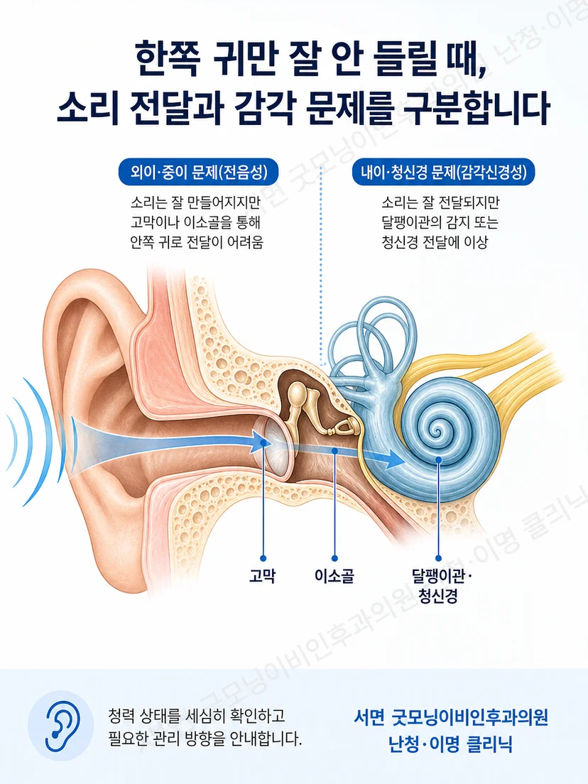 외이와 중이의 소리 전달 경로 및 달팽이관과 청신경을 비교한 귀 구조 그림
