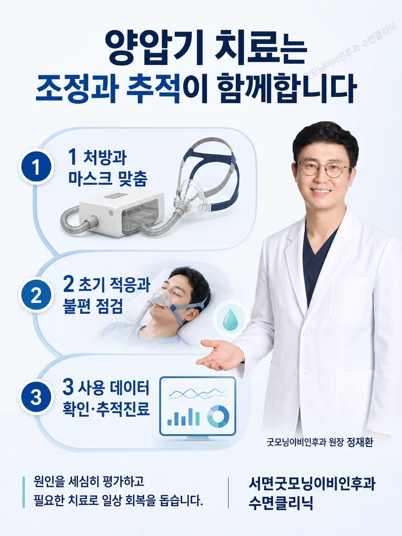 거울을 보며 코 마스크의 위치와 끈 장력, 볼 주변 누출을 확인하는 환자