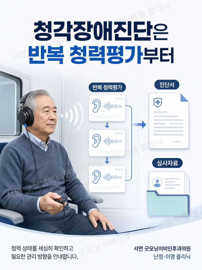젊은 여성 검사자와 노년 환자가 반복 청력평가 자료를 확인하는 장면