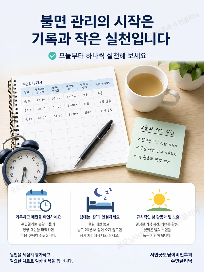 수면일기와 복용 약 봉투, 상담 메모를 한곳에 준비한 모습