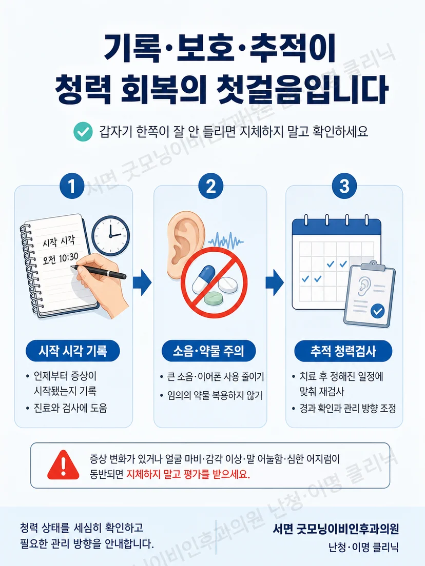 증상 시작 시각 기록과 자가 약물 금지 및 추적 청력검사를 정리한 안내