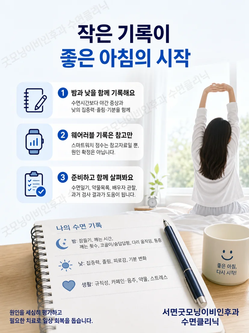 진료를 앞두고 수면일기와 약물 목록, 과거 검사지를 정리하는 사람