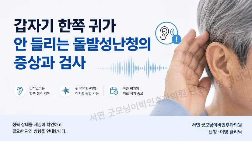 갑작스러운 한쪽 청력 저하를 지체하지 말고 확인하라는 안내 이미지