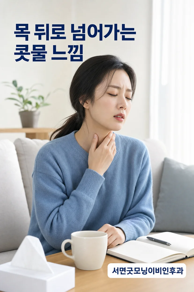 비강 내부 점막과 콧물 흐름을 보여주는 일러스트