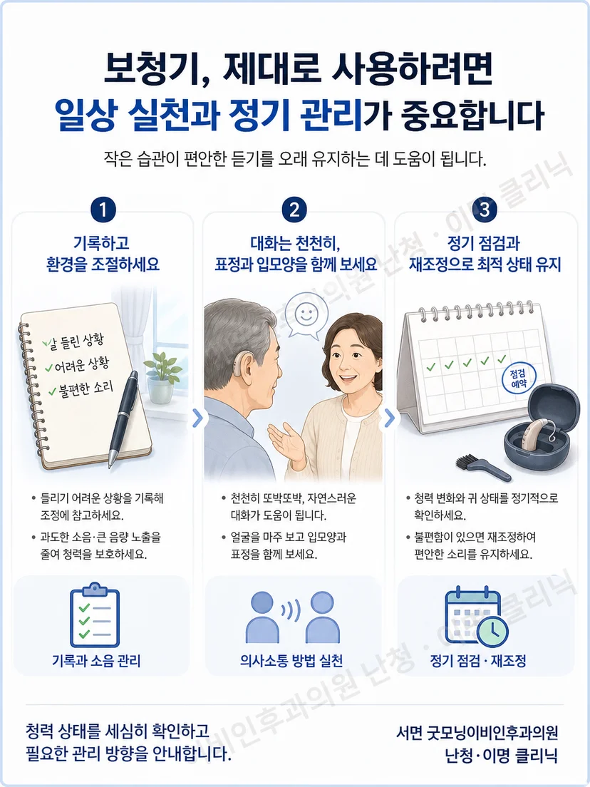 보청기의 점진적 착용과 청소 보관 및 재조절 요약 안내