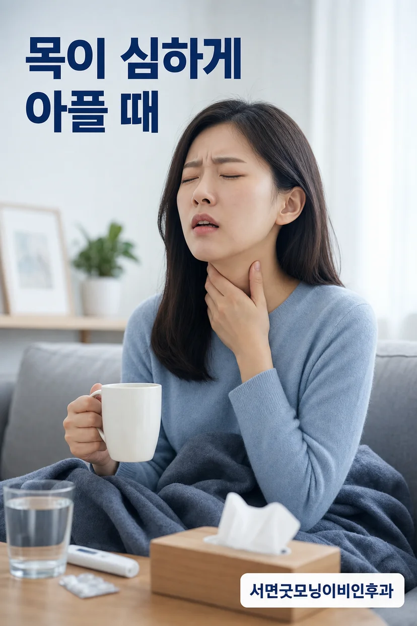 목이 아픈 환자의 인후 사진