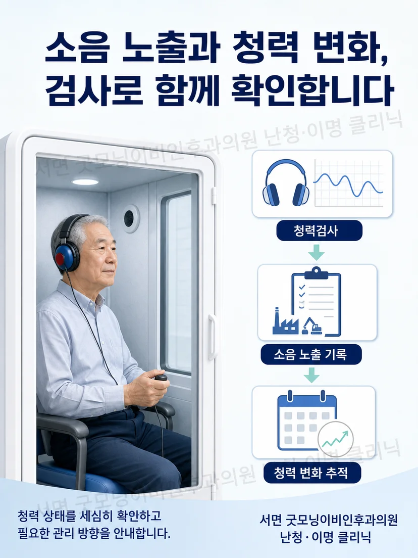 검사자와 환자가 청력도 및 소음 노출 기록을 함께 확인하는 평가 과정