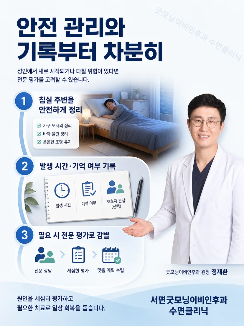 뇌파와 눈 움직임 및 근육 활동 센서를 부착하고 영상 수면검사를 준비하는 모습