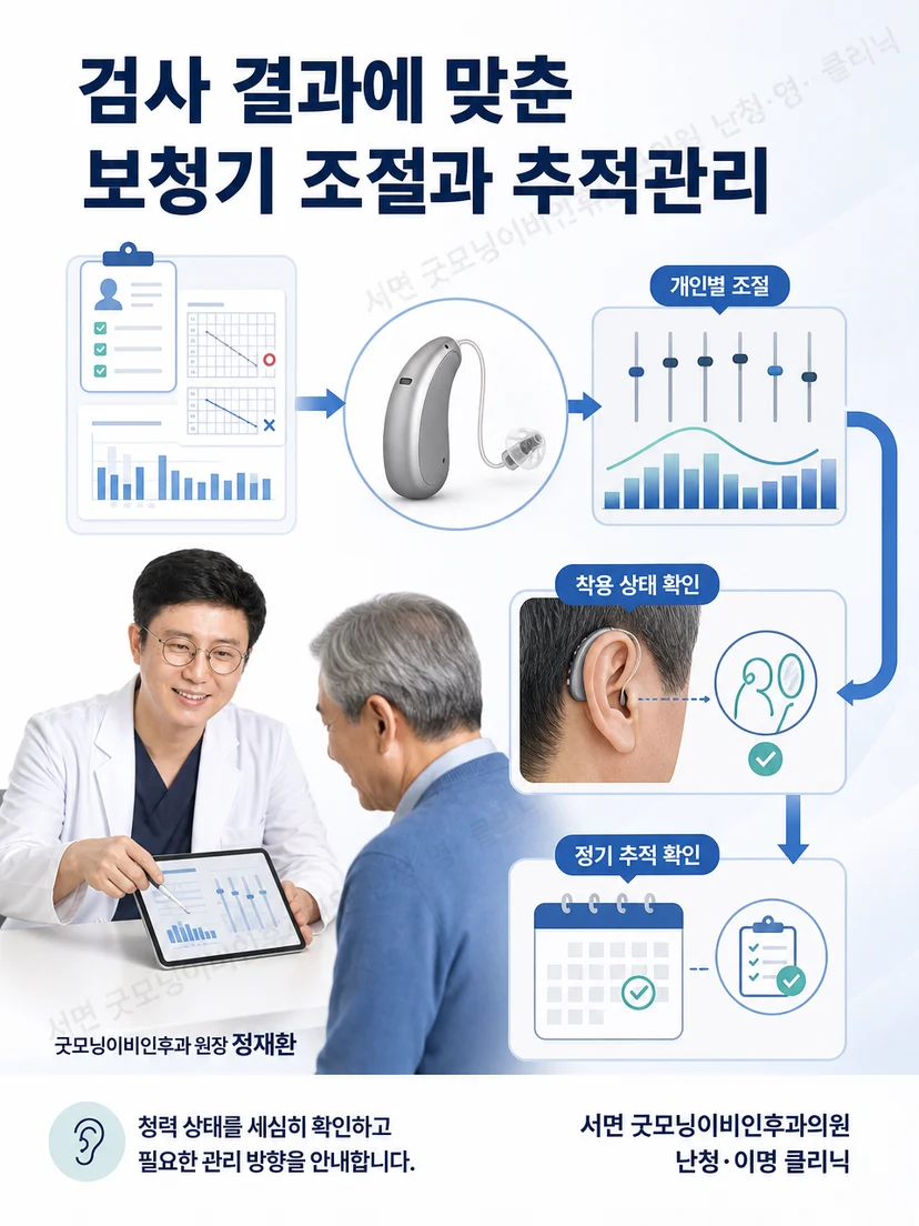 정재환 원장과 환자가 보청기 착용 상태와 조절 계획을 확인하는 장면