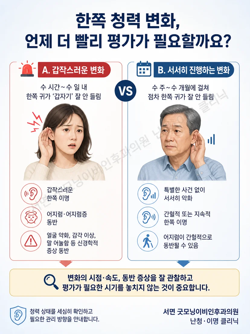 갑작스러운 한쪽 난청과 서서히 진행하는 비대칭 난청의 평가 우선순위 비교