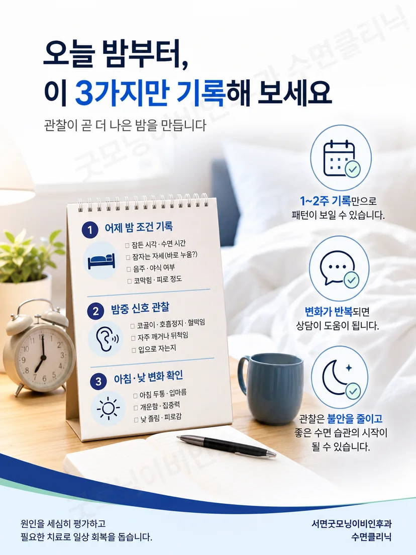 진료실에서 코골이 기록지를 보며 의료진과 상담하는 환자와 보호자