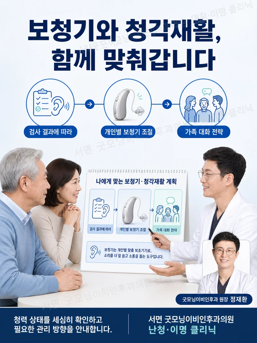 정재환 원장과 노년 환자 가족이 보청기와 청각재활 계획을 논의하는 장면