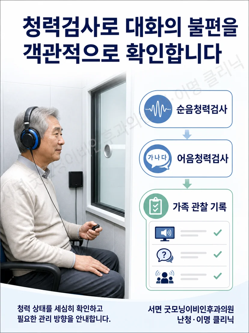 젊은 여성 검사자와 노년 환자가 순음 및 어음청력검사에 참여하는 모습