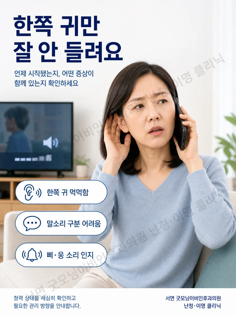 전화기를 한쪽 귀로 들을 때 소리가 작고 먹먹하게 느껴지는 상황