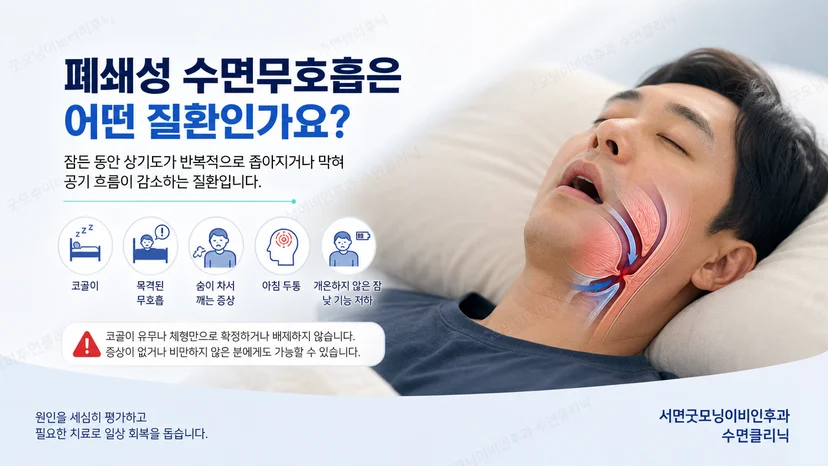 잠든 사람의 목 부위에서 좁아진 상기도와 감소한 공기 흐름을 보여주는 장면