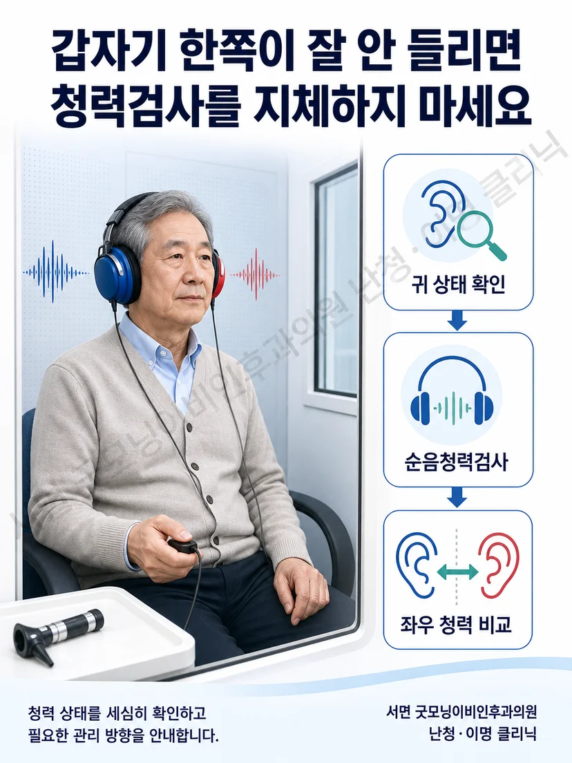 젊은 여성 검사자와 노년 환자가 귀 상태 확인과 순음청력검사에 참여하는 모습