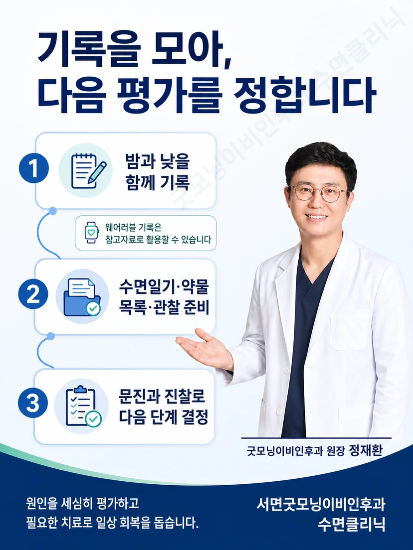 수면검사실 침대에서 머리와 얼굴에 센서를 부착받는 성인