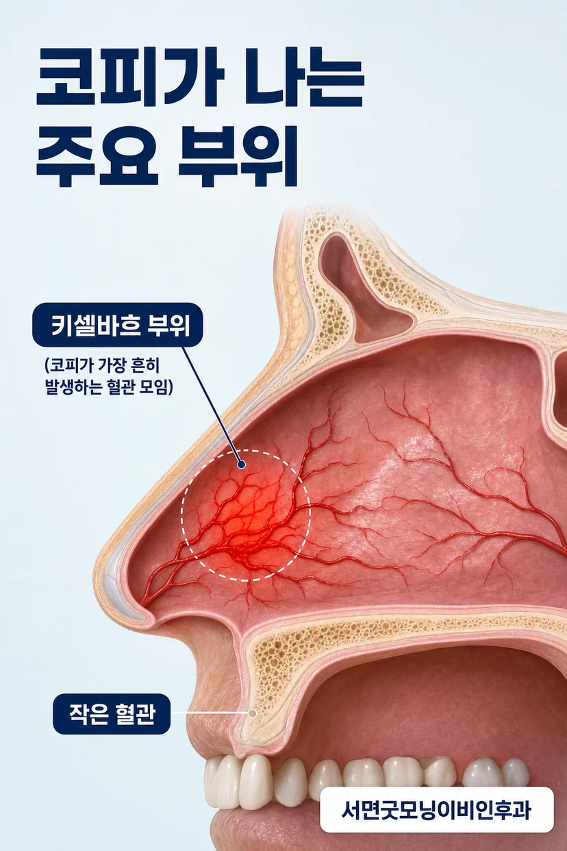 코피 응급 지혈법을 시연하는 손 그림