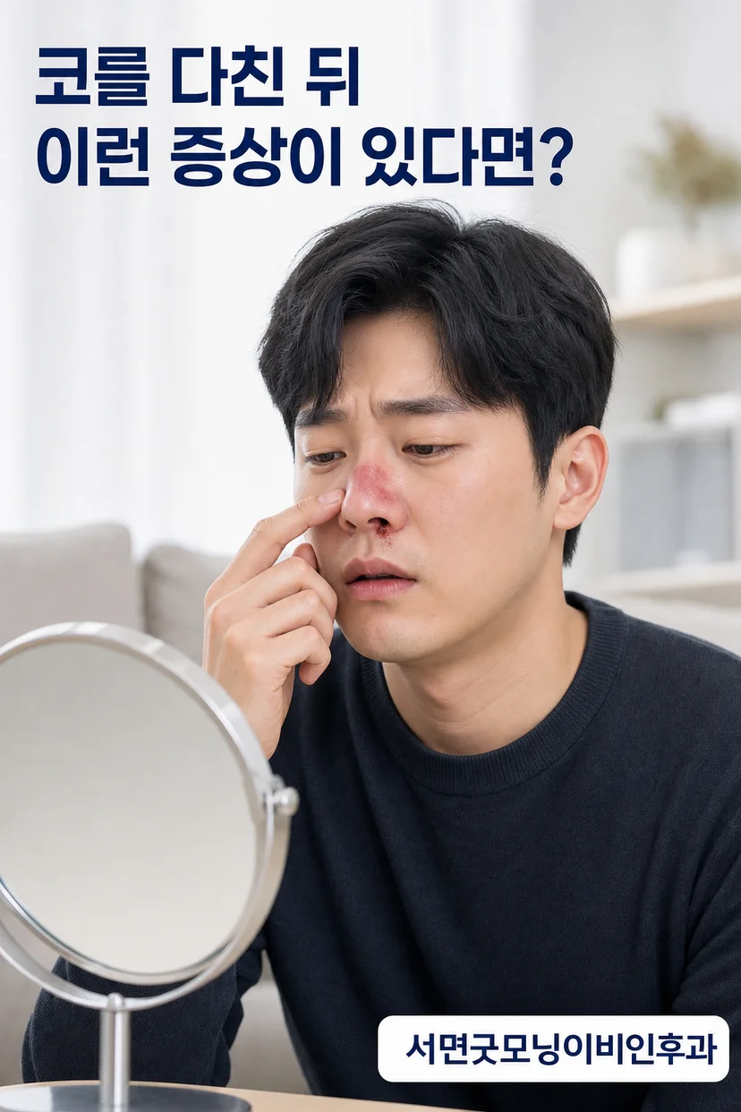 코 외상 후 붓기와 변형이 보이는 사진