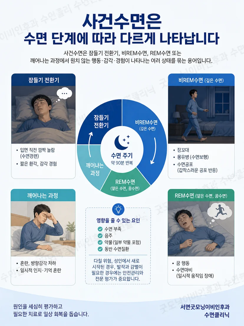 비렘수면과 렘수면 구간에 서로 다른 행동 표시가 배치된 수면 주기 설명 그림