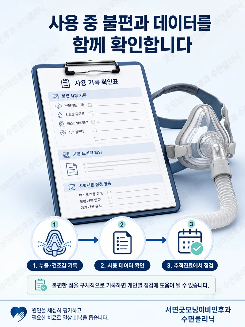 수면검사 그래프와 상기도 진찰 결과를 함께 설명하는 의료진과 환자