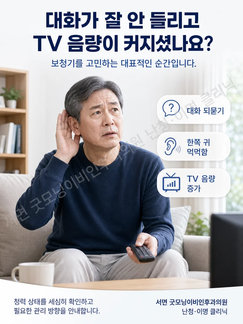 대화 중 되묻기와 텔레비전 시청 불편을 겪는 성인의 모습
