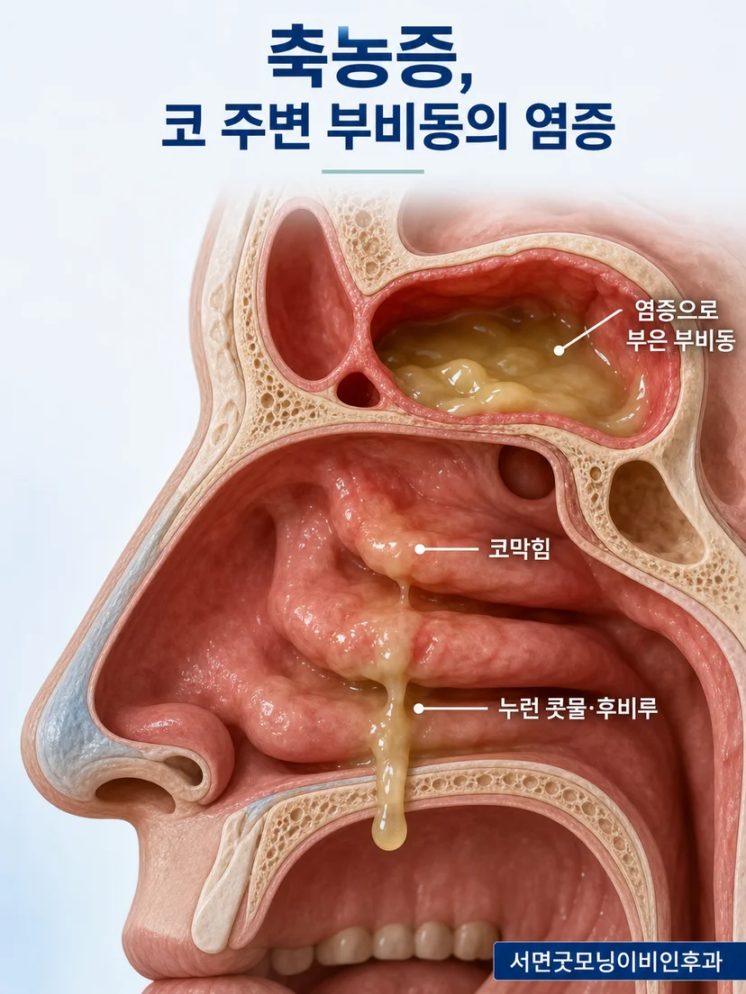 점막 부종과 분비물 정체 과정을 나타낸 도식