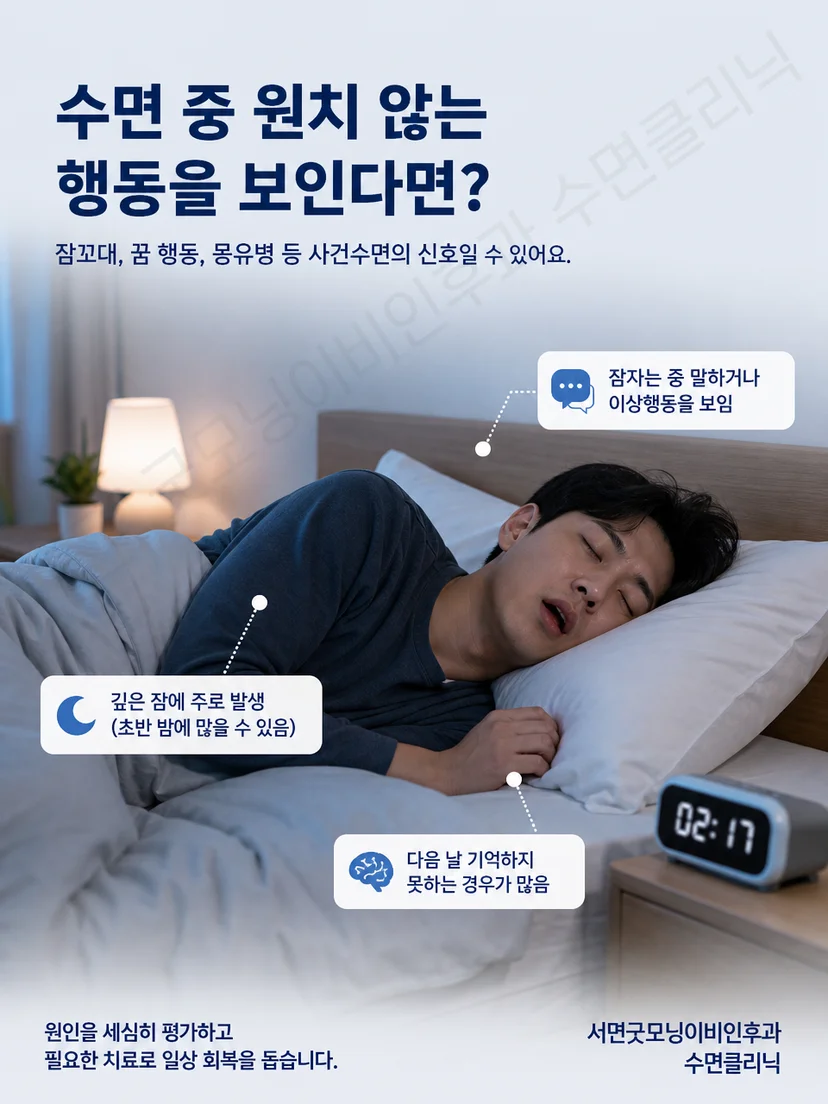 수면 중 말하거나 앉아 있는 사람을 보호자가 안전한 거리에서 관찰하는 장면