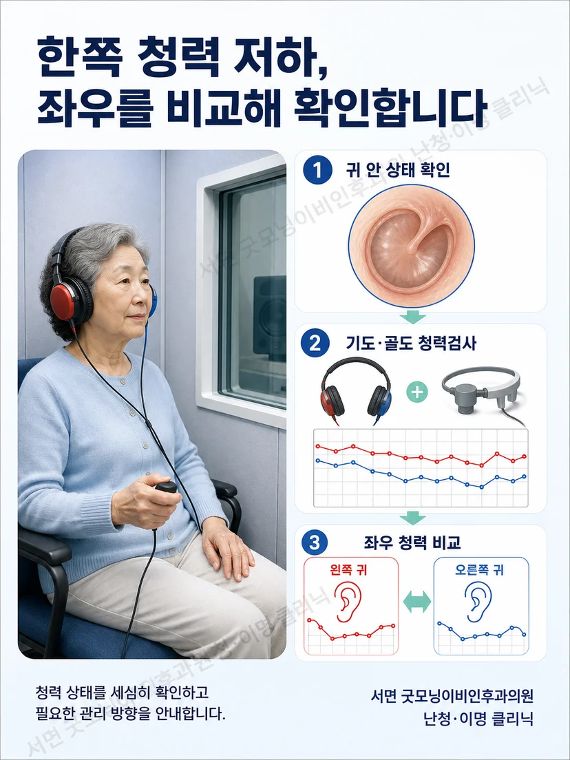 한국인 검사자와 노년 환자가 귀 진찰과 좌우 청력 비교 검사를 진행하는 모습