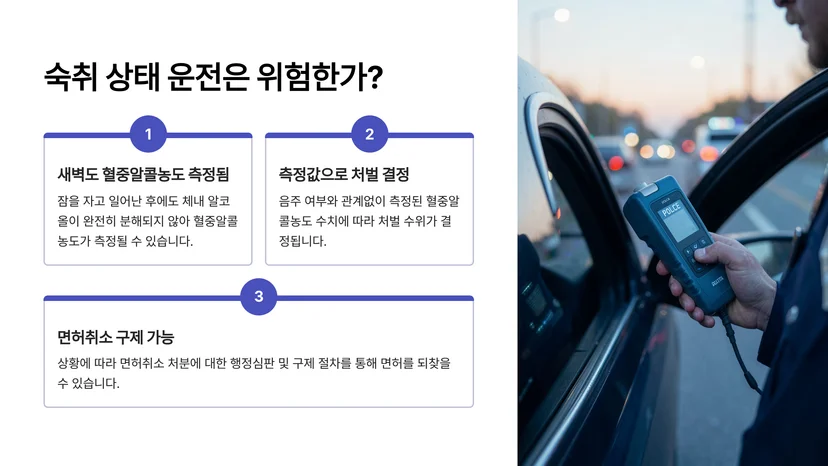 새벽 숙취 운전도 음주운전 처벌받을까? 면허취소 구제 방법까지 새벽 숙취 운전도 음주운전이 될 수 있는 이유
