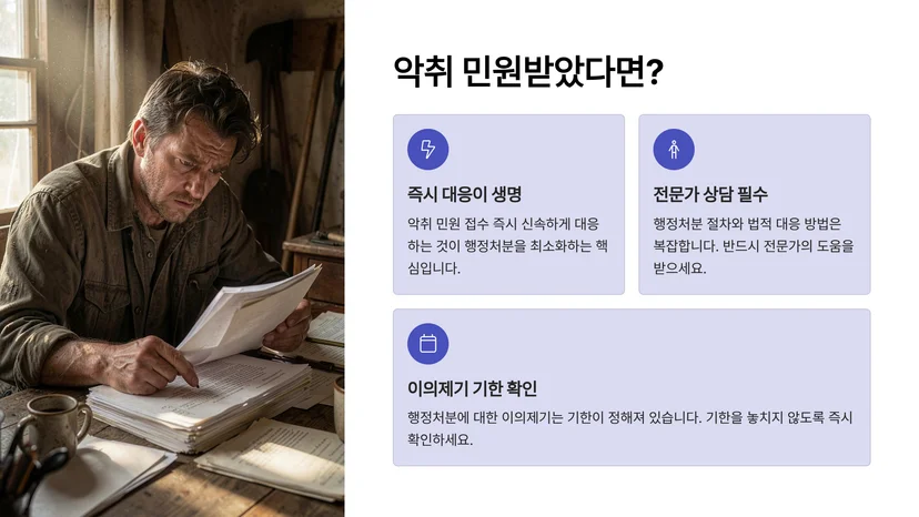 축사 악취 민원으로 행정처분받았을 때 대응 방법 축사 악취가 행정처분 대상이 되는 법적 기준