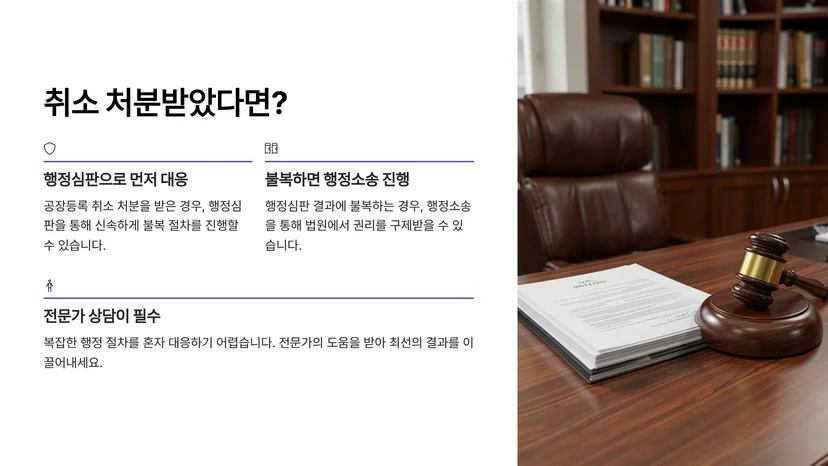 공장등록 취소 처분, 행정심판·행정소송으로 구제받는 방법 공장등록 취소 처분이 발생하는 주요 사유