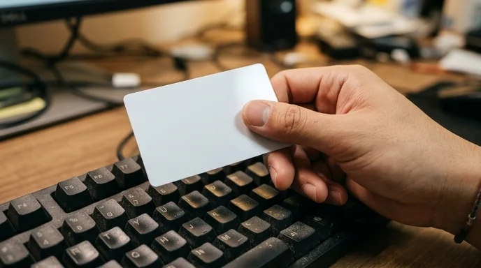 A creator's hand holding a blank smart card over a worn keyboard with faded keys and dust specks.