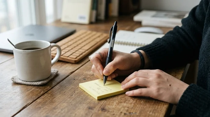 Two hands of a Korean content creator holding a pen over a yellow sticky note on a wooden desk.