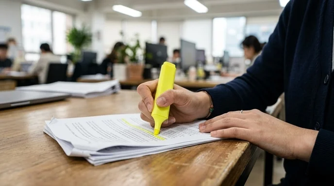 Close-up of a Korean marketer's hand holding a yellow highlighter over an out-of-focus stack of printed papers on a desk.