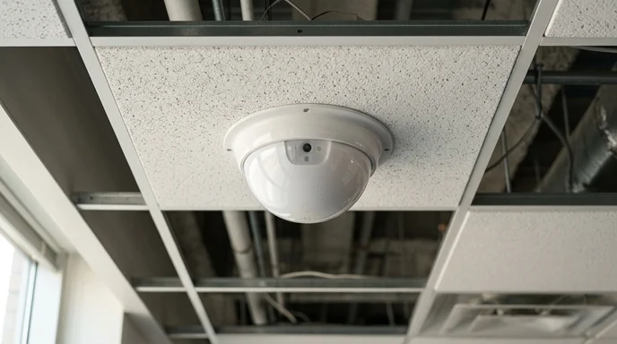 A glossy dome-shaped ceiling sensor mounted on a matte white acoustic panel catching a highlight.