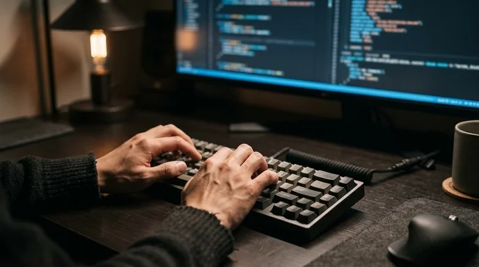 A developer's hands typing on a mechanical keyboard on a dark desk.