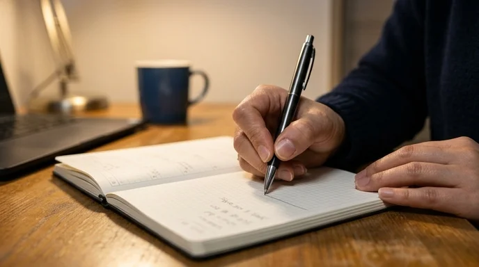 A Korean professional's hand writing on an open planner with a metal pen under warm desk lamp light.