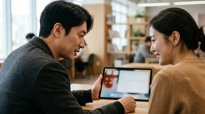 Two Korean colleagues viewing a blurred tablet screen in a modern lounge over the shoulder.