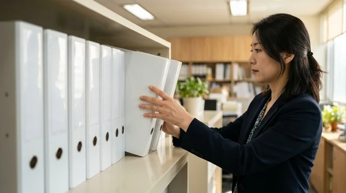 Two hands of a Korean administrator organize thick plastic binders on an office shelf.