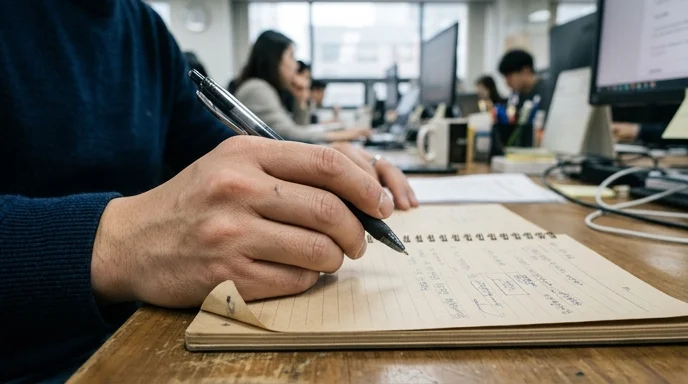 A hand holding a pen over an open notebook on a cluttered desk.
