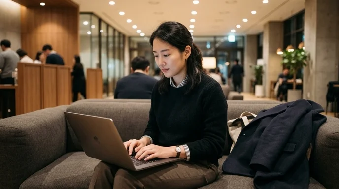 A professional sitting on a lobby sofa with a laptop open.