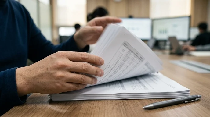A Korean employee's hands flipping through printed reports on a table with a metal pen resting nearby.