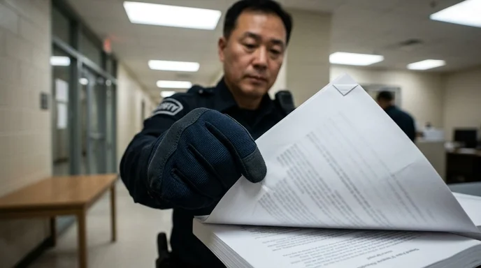 A Korean security officer's gloved hand turns the creased page of a printed policy document.