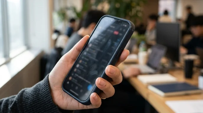 A Korean marketer's hand holding a smartphone with a matte case, the screen content entirely out of focus.