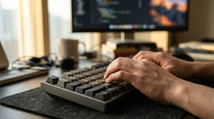 Overhead view of a Korean developer's hands typing on a worn mechanical keyboard in front of an out-of-focus monitor.
