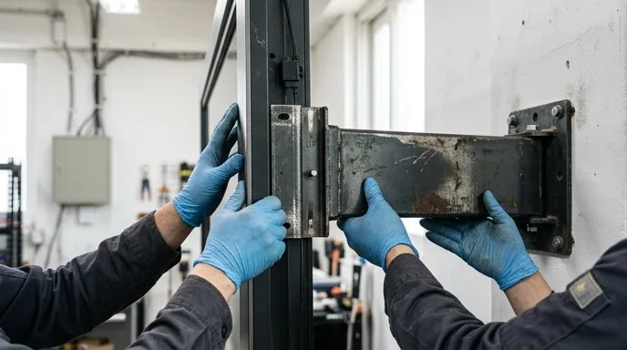 Two technicians' gloved hands aligning a screen frame onto a heavy wall mount.